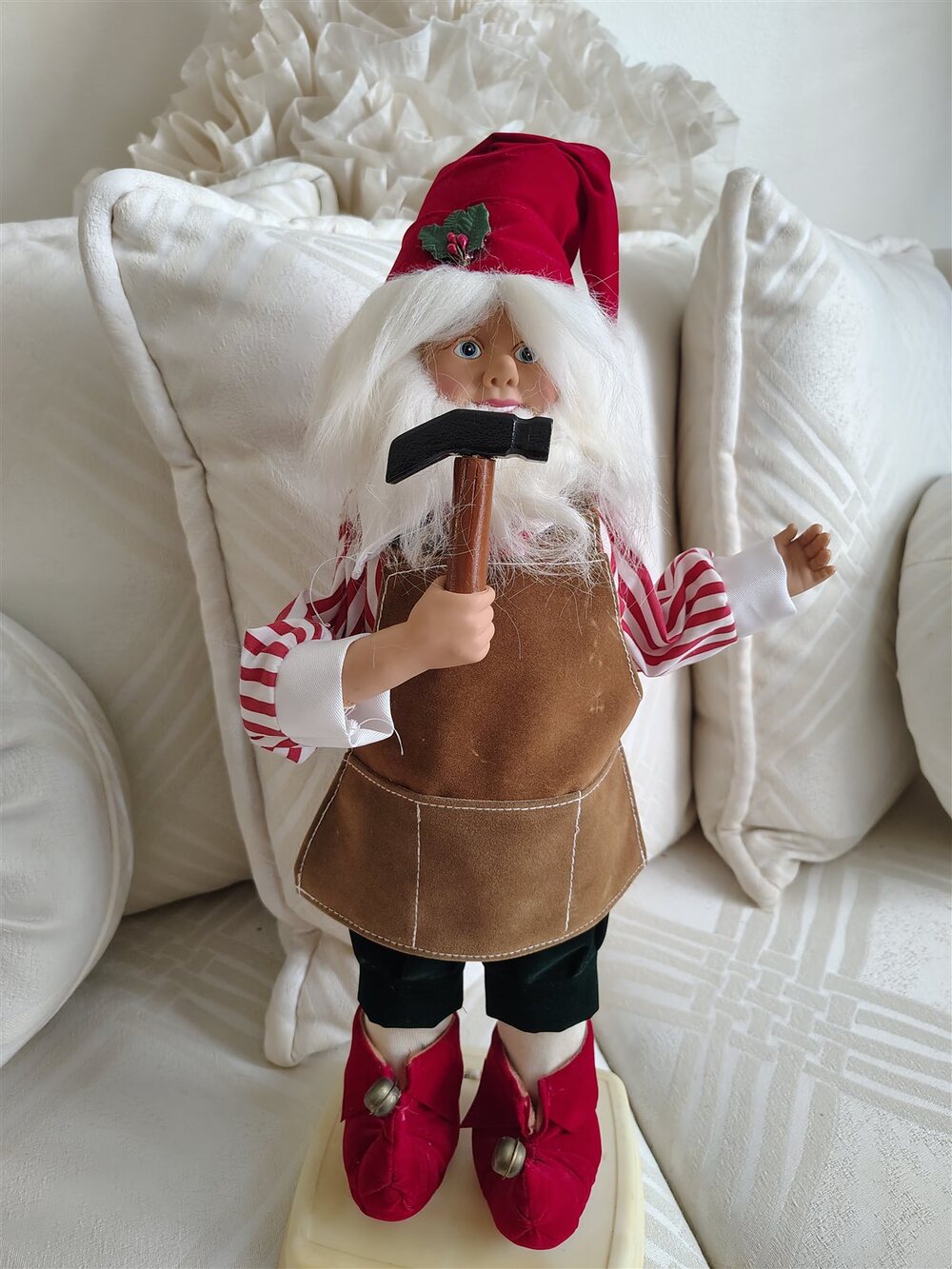 Santa Woodcarver Standing Figure Apron Mallet Red Boots Christmas